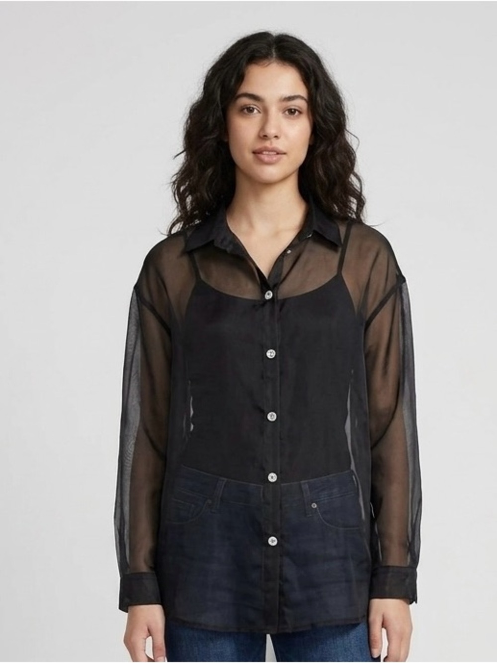 2164 - Women's Black Sheer Chiffon Rhinestone Button Down Oversized Blouse Top -